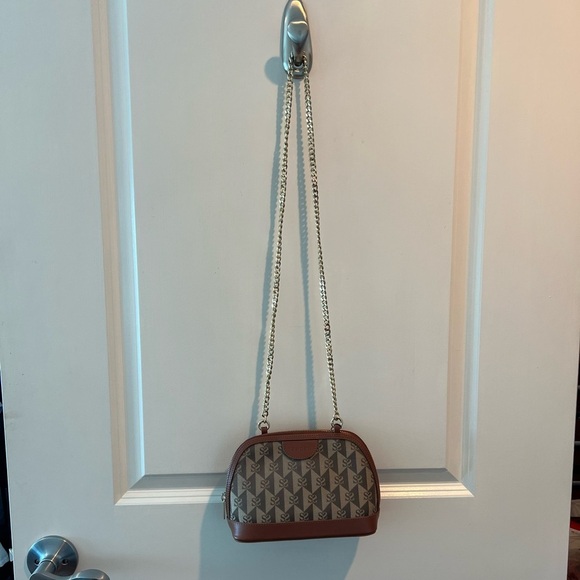 NWT Sandro Marron Brown Small Canvas Leather Logo Chain Strap Crossbody Bag - Picture 4 of 16